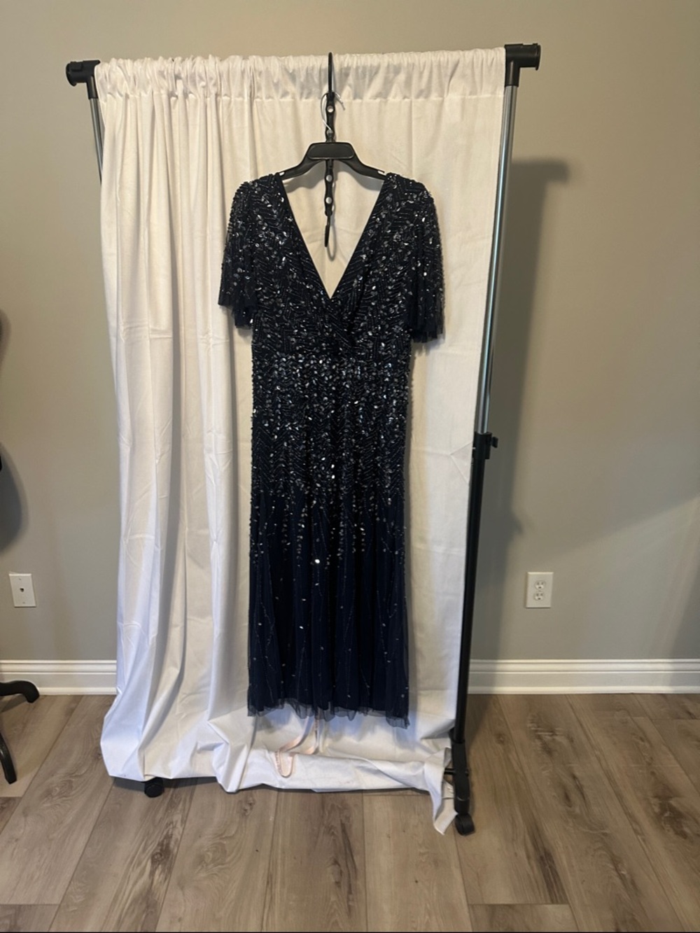 Mac Duggal Navy Sequin V-Neck Maxi Dress